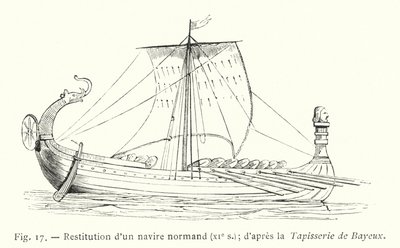 Restytucja statku normańskiego, XI w.; po Gobelinie z Bayeux (grawerowanie) autorstwa French School