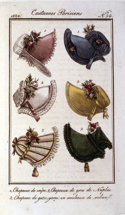 Tryb renowacji: różne modele kapeluszy damskich z krepy, gazy, aksamitu. Rycina z 1820 r. autorstwa French School