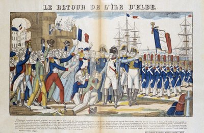 Powrót Napoleona Bonaparte (1769-1821) z wygnania na wyspę Elba w 1815 roku. Obraz Epinal autorstwa French School