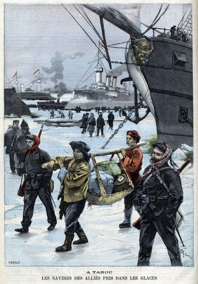 Revolt des Boxers (1898-1900) statki sojuszników na lodowym Atakou. w „”Le Petite Parisien”” autorstwa French School