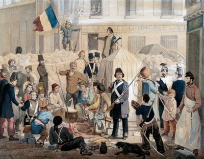 Rewolucja 1848: Barricade de la rue Coquenard (25 lutego) autorstwa French School