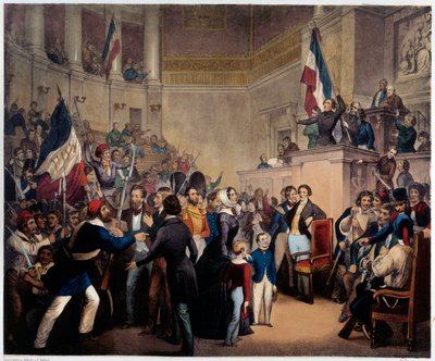 Rewolucja 1848 r. Księżna Orleańska pojawia się w Izbie Deputowanych (Zgromadzenie Narodowe) z dziećmi w celu uzyskania regencji (24 lutego autorstwa French School