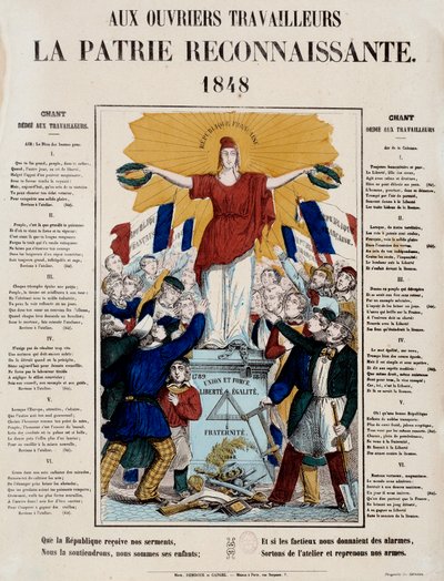Rewolucja 1848 r. i narodziny drugiej republiki: manifest i pieśń pt. „Robotnikom wdzięczna ojczyzna”, Republika witana jest przez robotników. 1848 Paryż, Musee Carnavalet autorstwa French School