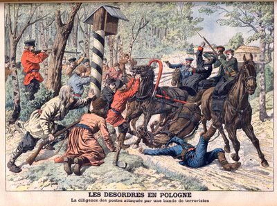 Rewolucjonista w Polsce - Terroryści atakują trenera poczty w Polsce. Desordery w Polsce. Staranność stanowisk zaatakowanych przez gang terrorystów. Ilustracja do Le petit Journal autorstwa French School
