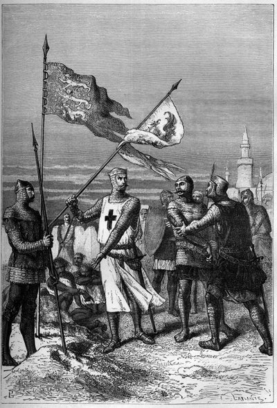 Ryszard Coeur de Lion lub Ryszard I Lwie Serce (1157-1199) król Anglii, ukazany podczas zdejmowania sztandaru arcyksięcia Leopolda V, księcia Austrii - rycina w „Historii Anglii od najdawniejszych czasów” autorstwa Francois Guizota autorstwa French School