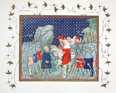 Ryszard II zdradzony w Penmaur Rhos i wzięty do niewoli przez księcia Northumberland, kopia faksymile z Le Prinse et Mort du Roy Richart autorstwa Jean Creton, przedruk XIX w. autorstwa French School
