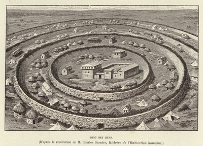 Ring des Huns. Fortyfikacje pierścieniowe chroniące osadę Hunów (rycina) autorstwa French School