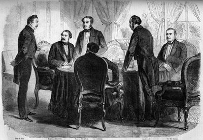 Risorgimento - Traktat Zuryski - 10 listopada 1859: podpisanie Traktatu Zuryskiego przez pełnomocników Francji, Austrii i Sardynii. Austria musi pozostawić Lombardię Włochom. Grawer w „Le Monde Illustré” nr 136 z 19 listopada 1859 r. autorstwa French School