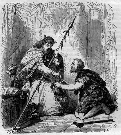 Robert II Pobożny (972-1031), król Francji, rozdający jałmużny. Grawer w „Historii papieży-królów-królowych i cesarzy na przestrzeni wieków” autorstwa Maurice Lachatre autorstwa French School
