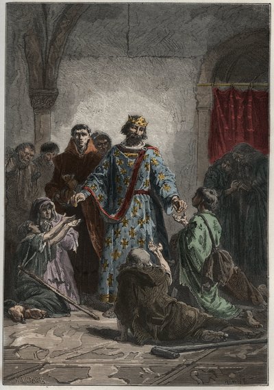 Robert II Pobożny (972-1031), kapetyński król Francji w latach 996-1031, miał życzliwe uczucie dla słabych i biednych - rycina z ""L