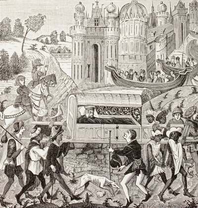 Robert I, książę Normandii, jest niesiony w lektyce przez Murzynów, z książki Paula Lacroix „Życie wojskowe i religijne w średniowieczu”, opublikowanej w Londynie ok. 1880 r. (lit.) autorstwa French School