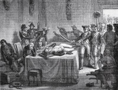 Robespierre czekający na egzekucję po zastrzeleniu się w szczękę w 1794 r. autorstwa French School
