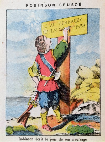 Robinson Crusoe zapisuje datę wraku autorstwa French School