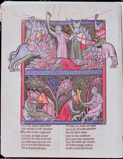 Roland dmucha w róg w Roncevaux, ilustracja z Le Chanson de Roland, kopia oryginalnego rękopisu przechowywanego w Saint-Gall w Szwajcarii autorstwa French School
