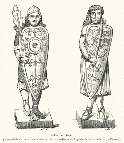 Roland i Roger, kamienne płaskorzeźby z IX wieku nad drzwiami katedry w Weronie (rycina) autorstwa French School