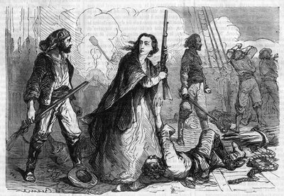 Seria rzymska: „Pomniki Józefa Garibaldiego”” Aleksandra Dumasa (1802-1870). Anita Garibaldi (1821-1849), żona Giuseppe Garibaldiego, biorąca udział w bitwie z karabinem w ręku. Grawer w „”Les bons romance”” autorstwa French School