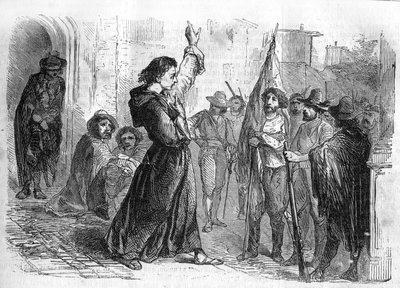 Seria rzymska: „Pomniki Józefa Garibaldiego”” Aleksandra Dumasa (1802-1870). Ugo Bassi (1800-1849) przemawiający do tłumu, aby zachęcić ludność do udziału w Risorgimento w 1848 r. Grawerowanie w „”Les bons romances”” autorstwa French School