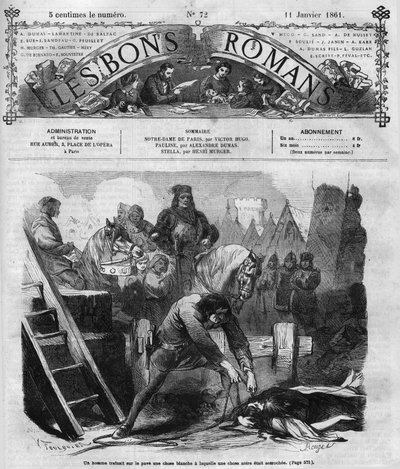 Serial rzymski: „”Notre Dame de Paris”” Victora Hugo (1802-1885). Mężczyzna osusza dwie kobiety na chodniku. Grawer w „”Les bons romance”” autorstwa French School