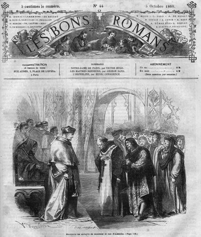Powieść serial: „”Notre Dame de Paris”” Victora Hugo (1802-1885). Grawerowanie w „”Dobre romanse”” autorstwa French School