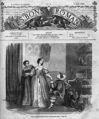 Serial rzymski: „Trzej muszkieterowie” Aleksandra Dumasa pere (1802-1870). Anna Austriaczka (1601-1666) przedstawia księciu Buckingham (Georges Villiers) pudełko zawierające jej diamentowe fretki. Ilustracja rozdziału XII. Grawerowanie w „” Les bons romanc autorstwa French School