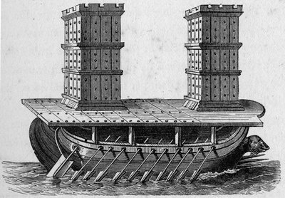 Rzymski statek ma wieże. Grawerowanie w „La Marine et les colonies: commerce autorstwa French School