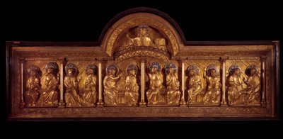 Sztuka romańska: ołtarz zielonoświątkowy: antependium z drewna, miedzi i emalii. Ze Stavelot (Moza) Około 1160-1170. Paryż, Narodowe Muzeum Średniowiecza, Thermes de Cluny autorstwa French School