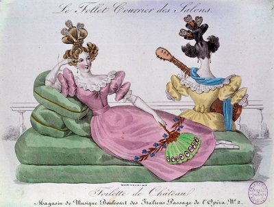 Romantyczna moda: toaleta zamkowa. Dwie kobiety z ekstrawaganckimi fryzurami na kanapie. Rycina XIX wieku. Paryż, Muzeum Carnavalet autorstwa French School
