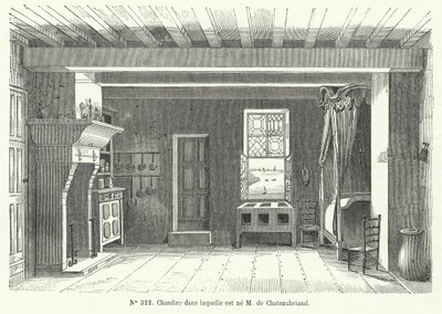 Pokój w Hotel de France w St Malo w Bretanii, w którym urodził się francuski pisarz i polityk Francois-Rene de Chateaubriand (grafika) autorstwa French School
