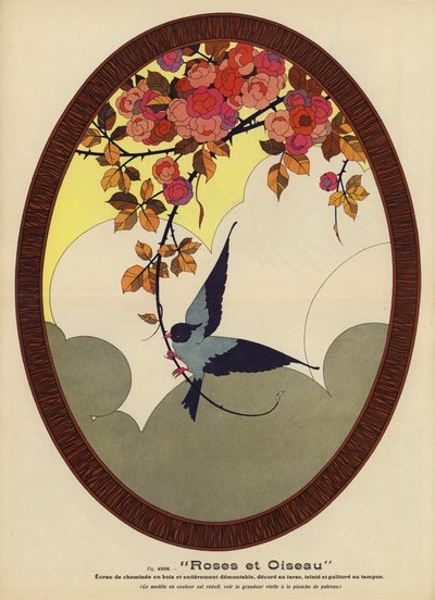 Róże i ptak (litografia kolorowa) autorstwa French School