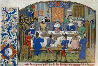 Roy 14 E IV fol.265v Książęta Yorku, Gloucester i Irlandii jedzą obiad z Ryszardem II, tom III „Od koronacji Ryszarda II do 1387”, Jean de Batard Wavrin (welum) autorstwa French School
