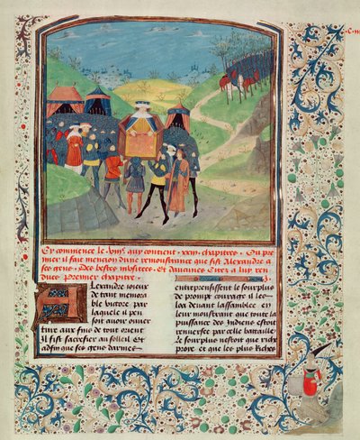 Roy 17 FI f.198 Aleksander Wielki zwracający się do swoich ludzi w nadziei na przekonanie ich do kontynuowania podróży do Indii, z Quinte Curse Ruffe des Fais du Grant Alexandre, c.1468 (welum) autorstwa French School