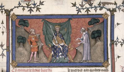 Roy 19 C IV f.154 Król Karol V (1337-80) intronizowany z koroną, mieczem i berłem pomiędzy rycerzem a urzędnikiem autorstwa French School