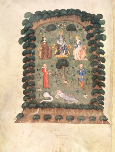 Roy 19 C IV f.298 Karol V intronizowany w ogrodzie z koroną i berłem ze „Snu sadownika” autorstwa French School