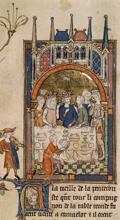 Royal 14 E. III, f.89, Uczta Króla Artura, Król Artur i Ginewra na bankiecie, ze służącym klęczącym przed stołem krojącym chleb, z „La Queste del Saint Graal”, c.1315-25 (welin ) autorstwa French School