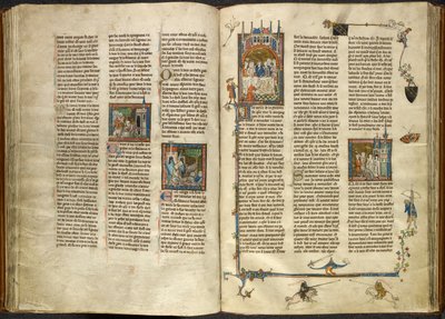 Royal 14 E. III, ff.88v-89 Lancelot wyjmuje głowę swego pozbawionego głowy dziadka, króla, z wrzącej studni; budynek zawalony na dwóch rycerzy. Po prawej miniatura Artura i Ginewry siedzących na bankiecie, z Estoire del Saint Graal, autorstwa French School