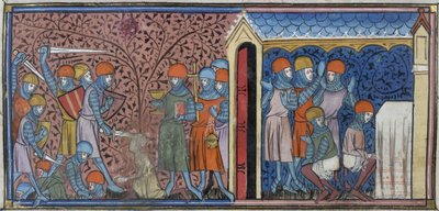 Royal 16 G. VI, f.185v Najazd na Mansur w Kordobie, ilustracja z „Chroniques de France ou de Saint Denis” (welin) autorstwa French School