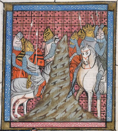 Royal 16 G. VI, f.317v Fragment miniatury dywizji armii krucjaty podczas przechodzenia przez górę, ilustracja z 