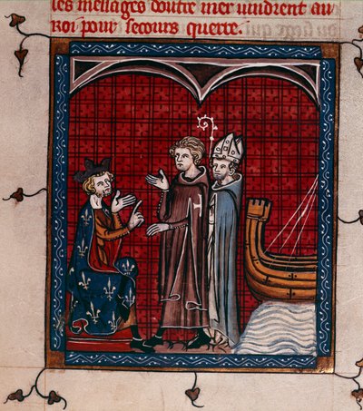 Royal 16 G. VI, f.337 Król Filip II i Patriarcha, ilustracja z „Chroniques de France ou de Saint Denis” (welum) autorstwa French School