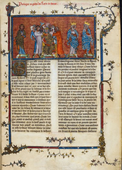 Royal 16 G. VI, f.3 Koronacja Faramonda, ilustracja z „Chroniques de France”, c.1332 (welum) autorstwa French School