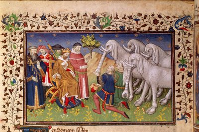 Royal 20 B. XX, fol.82v, Aleksander obdarowany białymi słoniami, z 