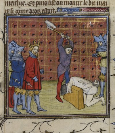 Royal 20 C. VII f.134v Przywódcy powstania Jacquerie przeciwko francuskiej szlachcie ścięty na rozkaz króla Nawarry, z „Chroniques de France ou de St Denis” (atrament, kolor i złoto na welinie) autorstwa French School