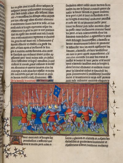 Royal 20 C. VII, f.34 Bitwa pod Courtrai, ilustracja z „Chroniques de France ou de Saint Denis” (welum) autorstwa French School