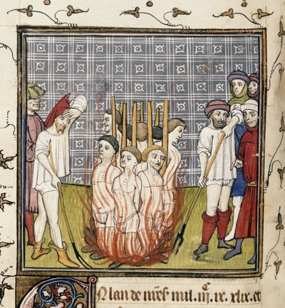 Royal 20 C. VII, f.44v Spalenie templariuszy, ilustracja z „Chroniques de France ou de St. Denis” (welum) autorstwa French School