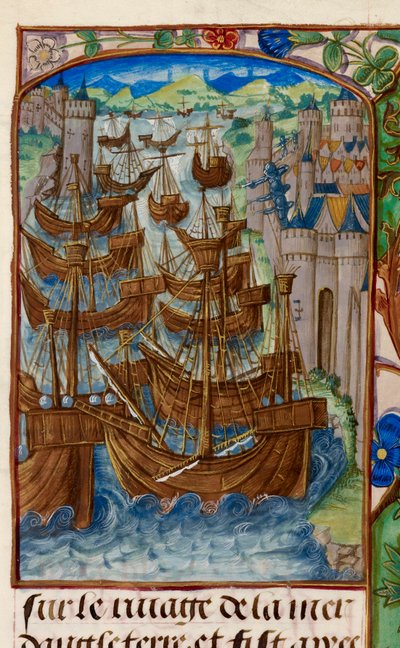 Royal 20 E. III, fol.186v Flota francuska zaatakowana w Sluys, z „Chroniques de France ou de Saint Denis” autorstwa French School