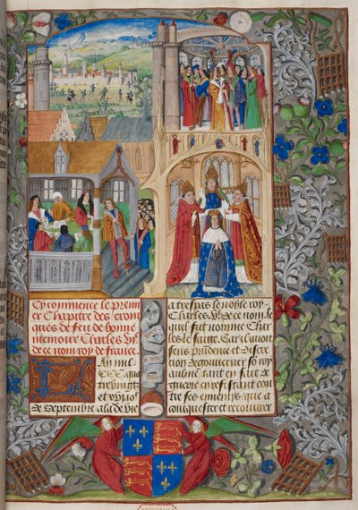 Royal 20 E. V, f.8 Koronacja Karola VII, sceny z „Chroniques de France ou de Saint Denis” 1487 (welin) autorstwa French School
