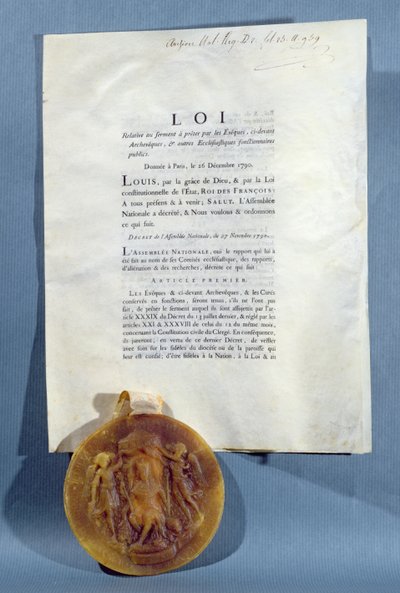 Dekret królewski Ludwika XVI potwierdzający zobowiązanie francuskich biskupów i księży do złożenia przysięgi na wierność Konstytucji Cywilnej Duchowieństwa, 16 grudnia 1790 (papier drukowany i pieczęć woskowa) autorstwa French School