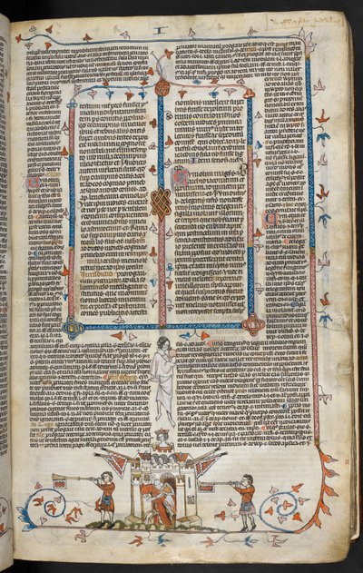 Royal MS 10 E IV f.66r, bas-de-page scena rycerza na koniu wyłaniającego się z zamku, ok.1300-40 (pióro i tusz oraz tempera na pergaminie) autorstwa French School