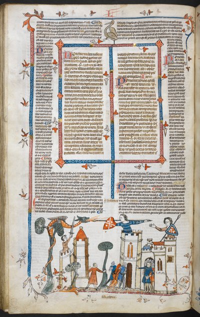 Royal MS 10 E IV f.88v, bas-de-page scena smoka atakującego zamek, ok. 1300-40 (pióro i atrament oraz tempera na pergaminie) autorstwa French School