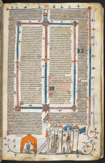 Royal MS 10 iv f.202r Atak na ufortyfikowany zamek i marginalna dekoracja, ilustracja z „The Smithfield Decretals” (welin) autorstwa French School