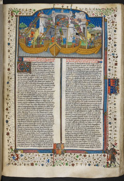 Royal MS 15 E VI, f.207 Miniatura statków oblegających Corunnę, z „Poems and Romances” lub „Talbot Shrewsbury Book” autorstwa French School
